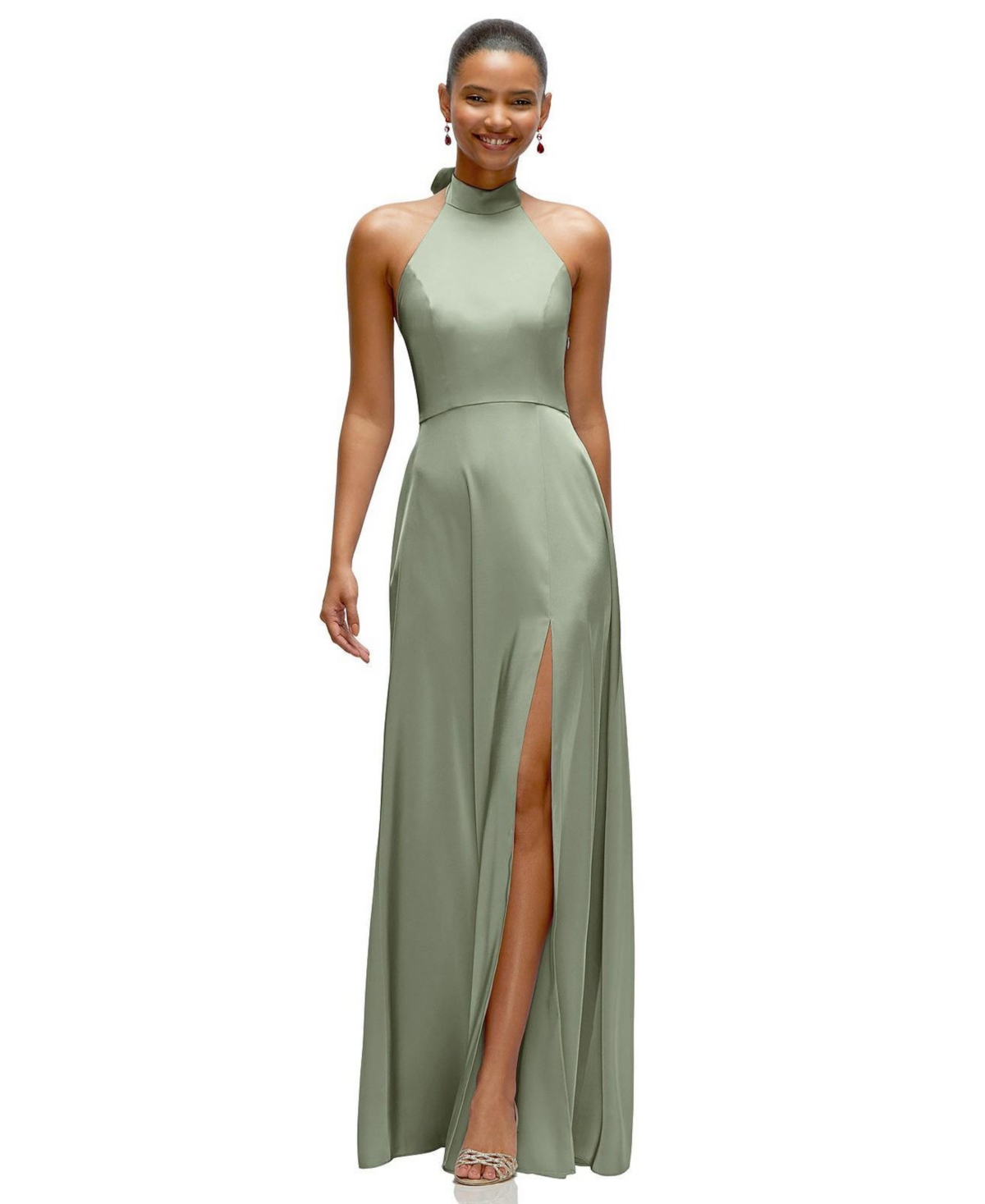 Women's Band Collar Halter Open Back Fluid Satin Maxi Dress with Self-Tie Bow - Ballet pink