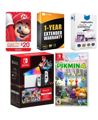 Switch OLED Console Mario Kart 8 Bundle with Pikmin 4, Nintendo $20 eShop Gift Card, MightySkins Console and Controller Skin Voucher, and 1 Y