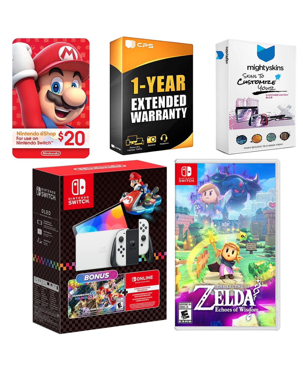Nintendo Switch Oled Console Mario Kart 8 Bundle with The Legend Of Zelda Echoes Of Wisdom, Nintendo $20 eShop Gift Card, MightySkins Console and Cont