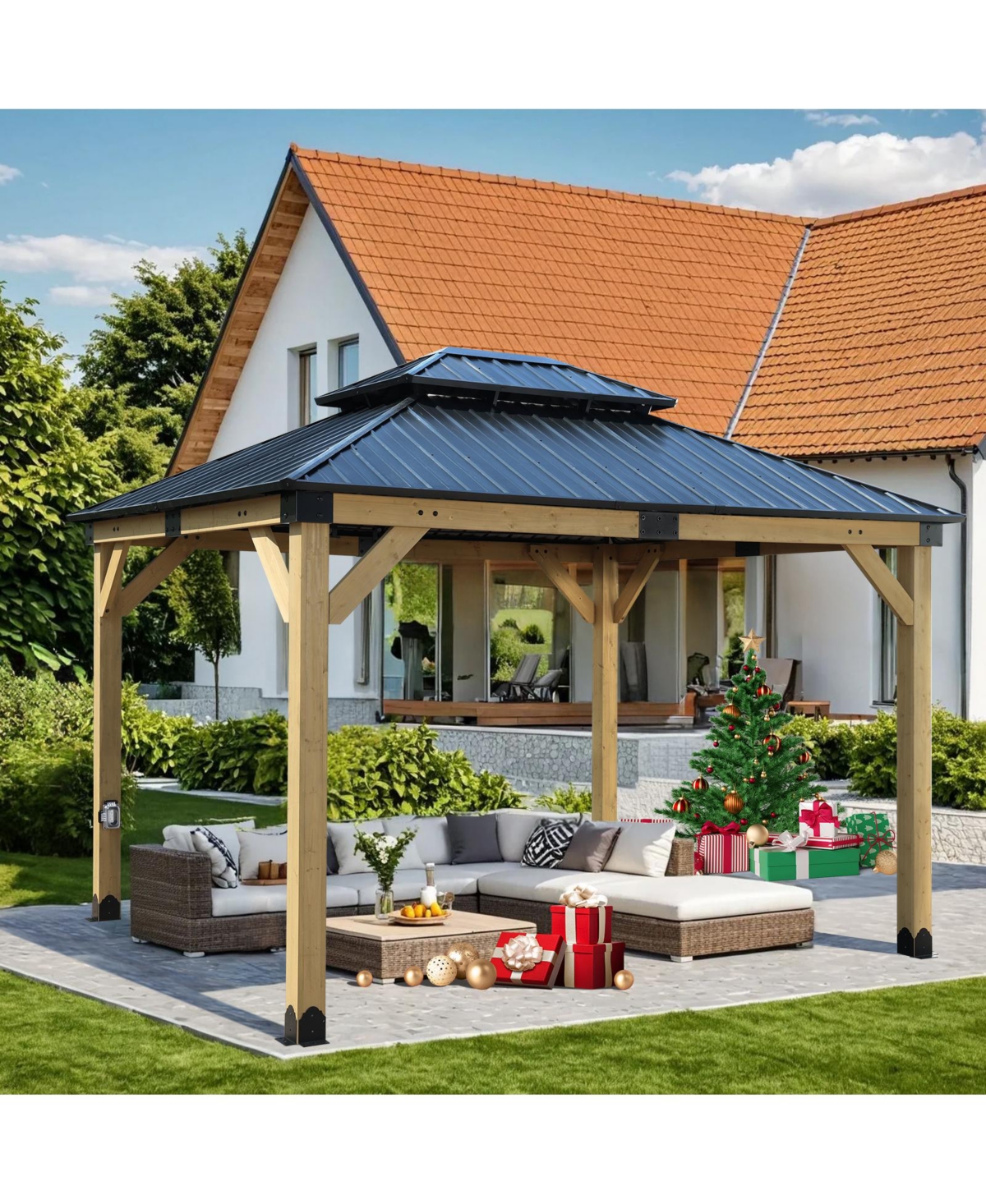 Aoodor 10 x 12 ft Wooden Frame Gazebo with 2-Tier Galvanized Metal Hardtop Roof, Outdoor Patio Gazebo with Charging Socket