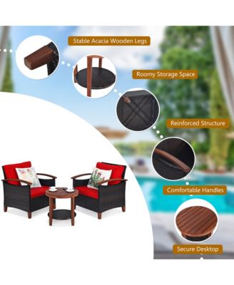 3PCS Patio Wicker Rattan Conversation Set Outdoor Furniture Set w/ Red Cushion