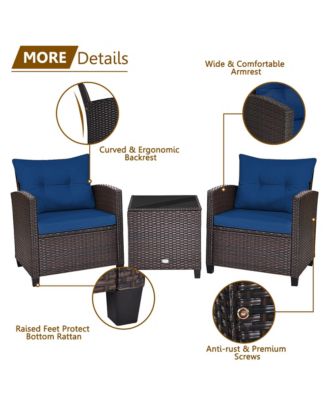 3PCS Outdoor Patio Rattan Conversation Set Garden Yard w/ Navy Cushions