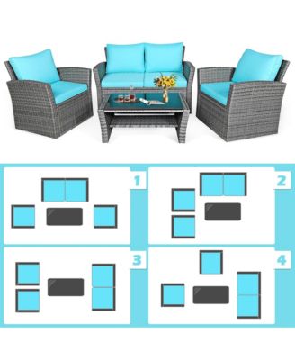 4PCS Patio Rattan Conversation Set Outdoor Furniture Set w/ Turquoise Cushions