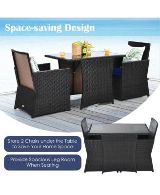 3PCS Patio Wicker Bistro Set PE Rattan Dining Table Set w/ Navy Cushions