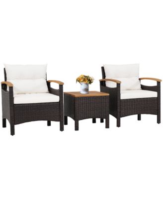 3 Piece Patio Bistro Set PE Rattan Conversation Furniture Set  w/ Acacia Wood Tabletop