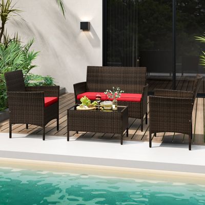 4Pieces Patio Rattan Conversation Furniture Set Outdoor with Cushion.