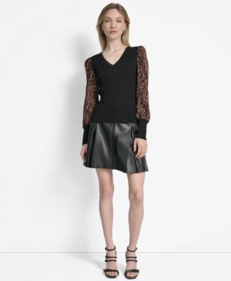 Women's V-Neck Rib-Knit Satin-Long-Sleeve