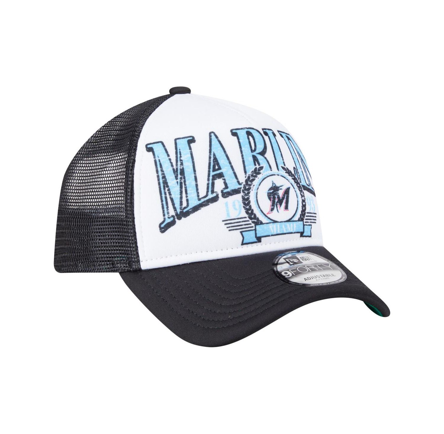 Men's Black Miami Marlins Distressed 9FORTY A-Frame Adjustable Trucker Hat