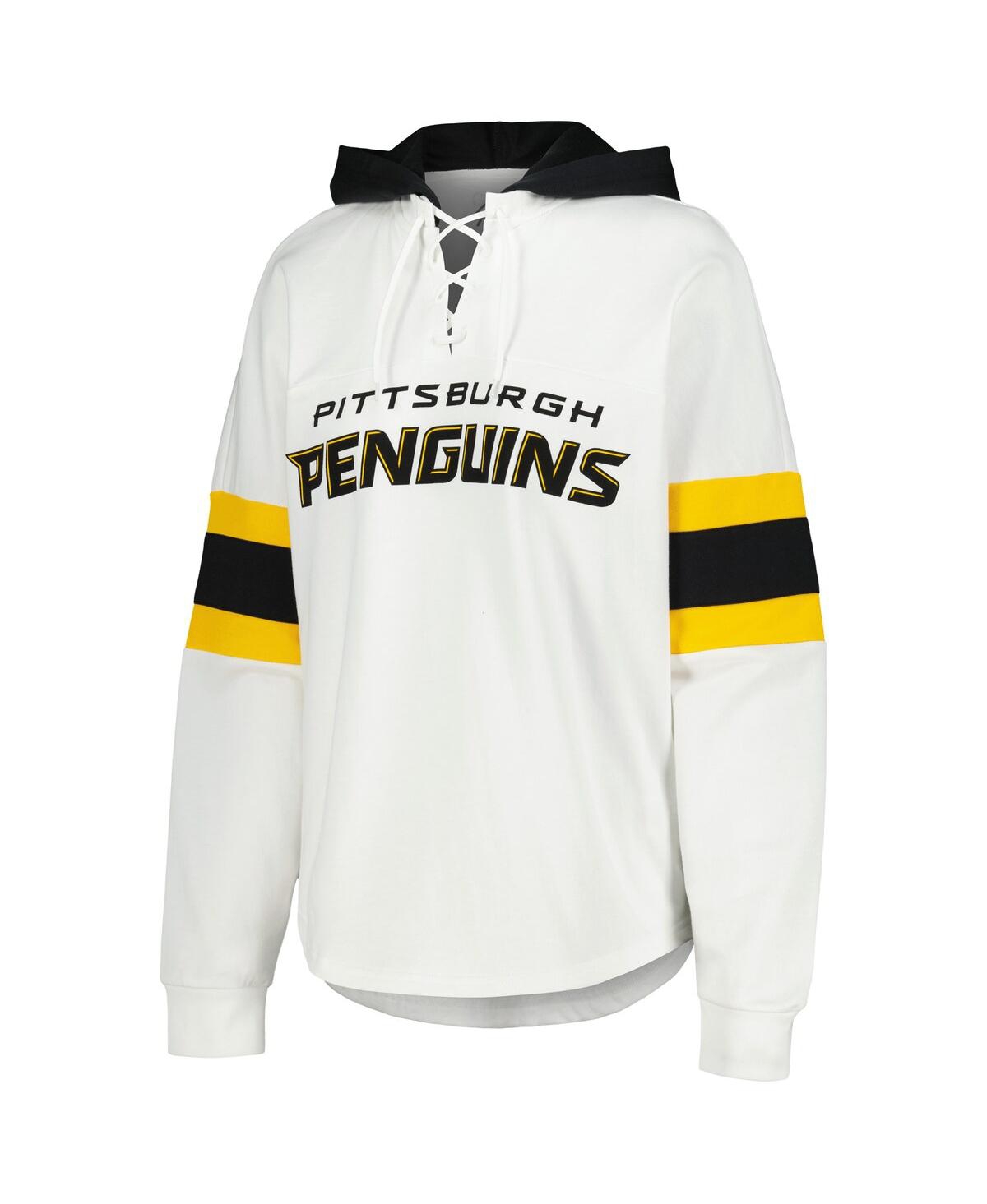 G-iii 4Her by Carl Banks Women's White/Black Pittsburgh Penguins Goal Zone Long Sleeve Lace-Up Hoodie T-Shirt