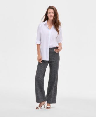 Anne Klein Womens Button Front Drop Shoulder Shirt Printed Mid Rise Wide Leg Pants In White