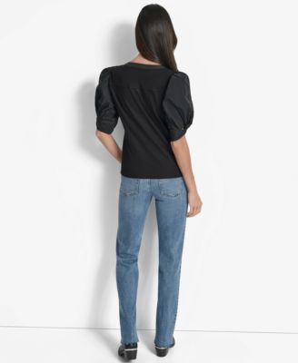 Women's Mixed-Media Taffeta Puff-Sleeve Top