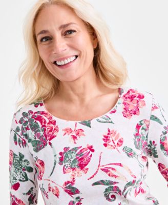 Style & Co Women's Printed Long-Sleeve Scoop-Neck Knit Top