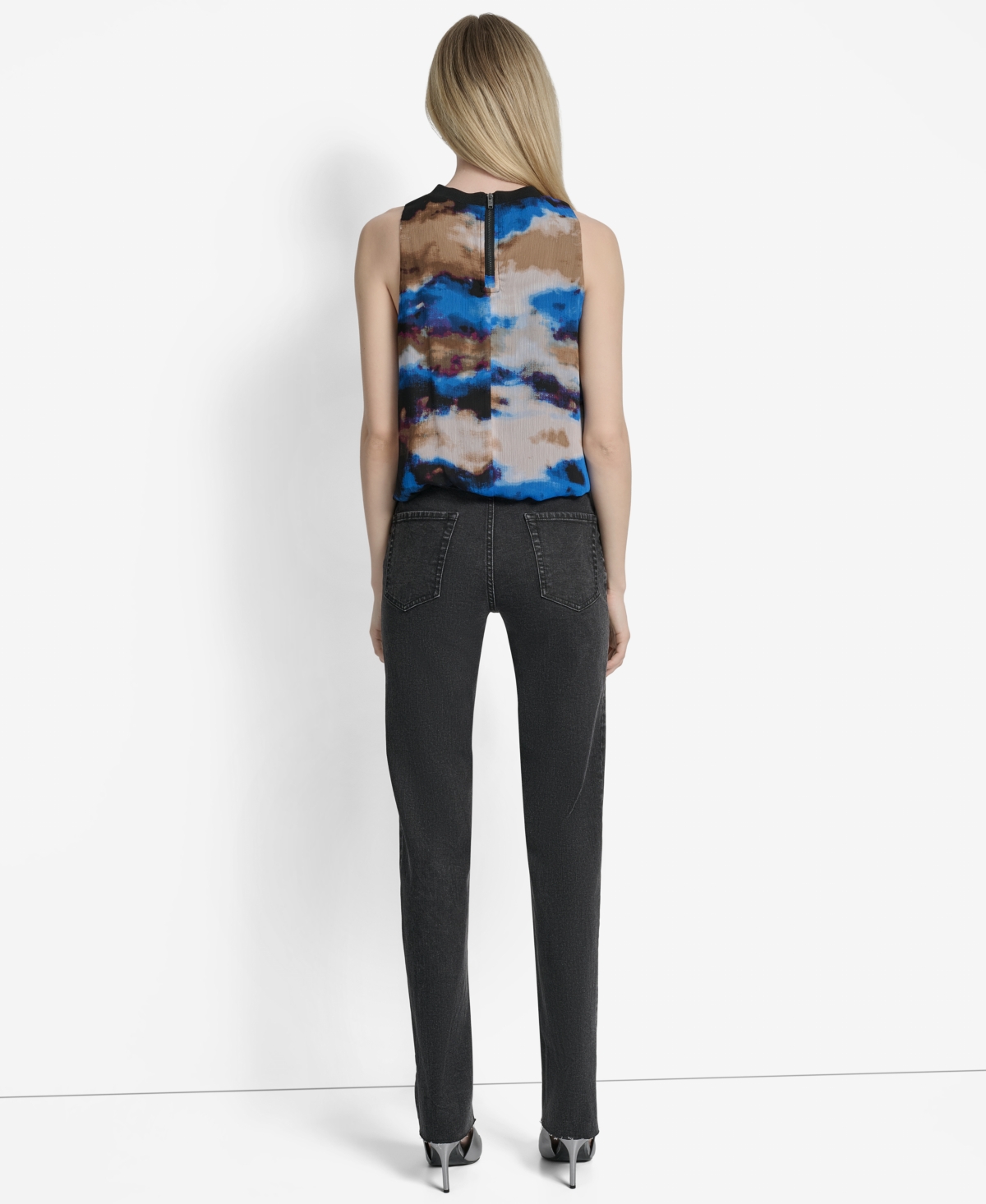 Dkny Print Sleeveless Chiffon Bubble Top In Blue
