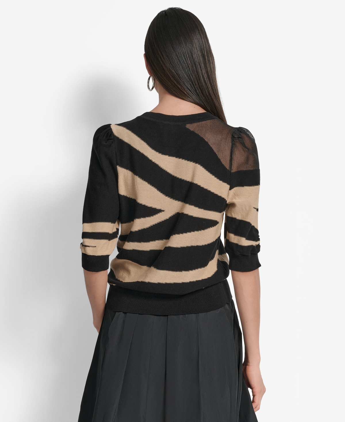 Dkny Zebra Stripe Three-quarter Sleeve Sweater In Black