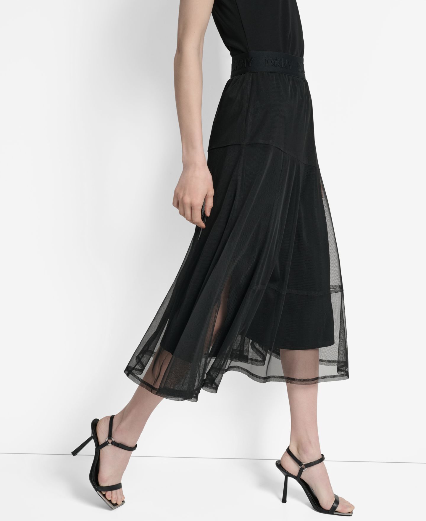 Женская юбка DKNY Layered Mesh Logo-Tape Midi, цвет: Чёрный — фото 3