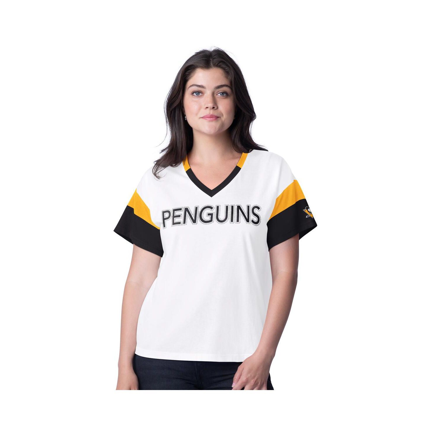 Женская футболка G-III 4Her by Carl Banks White Pittsburgh Penguins Rink Oversized Rhinestone V-Neck — фото 1