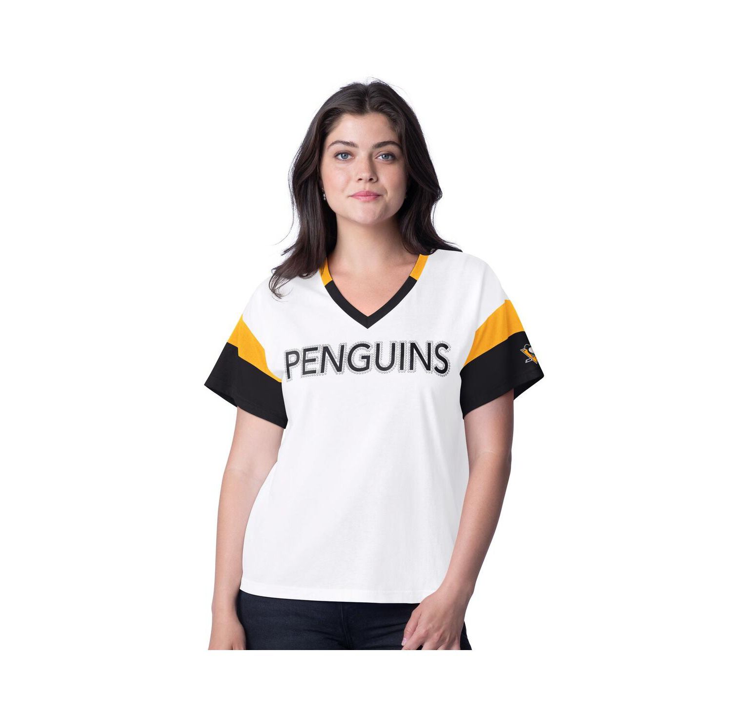 Women's White Pittsburgh Penguins Rink Oversized Rhinestone V-Neck T-Shirt