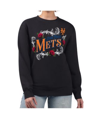 G-III 4Her by Carl Banks - Women's Black New York Mets Retro Roses Fleece Pullover Sweatshirt