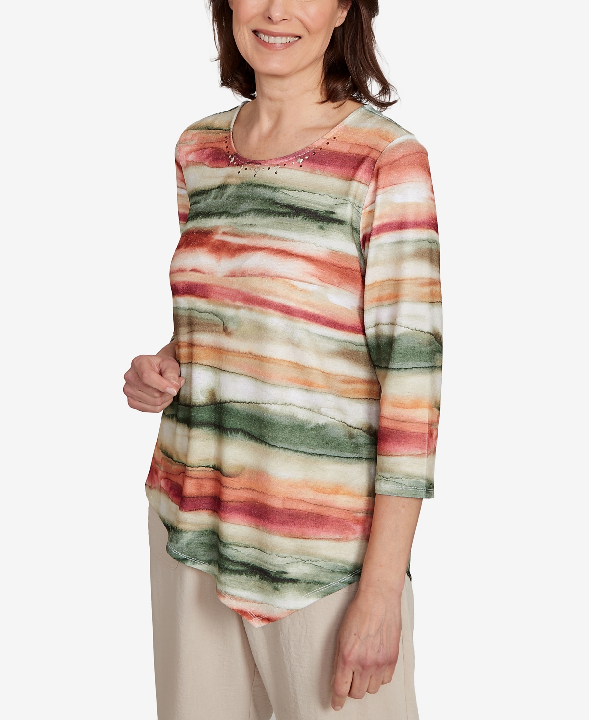 Alfred Dunner Petite Copper Canyon Watercolor Stripe Crew Neck Top In Multi