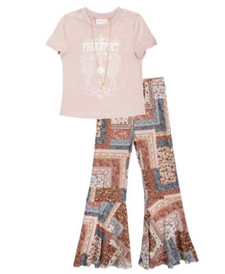 Rare Editions - Big Girls 2-Piece Boho T-Shirt and Mesh Flare Pant Set