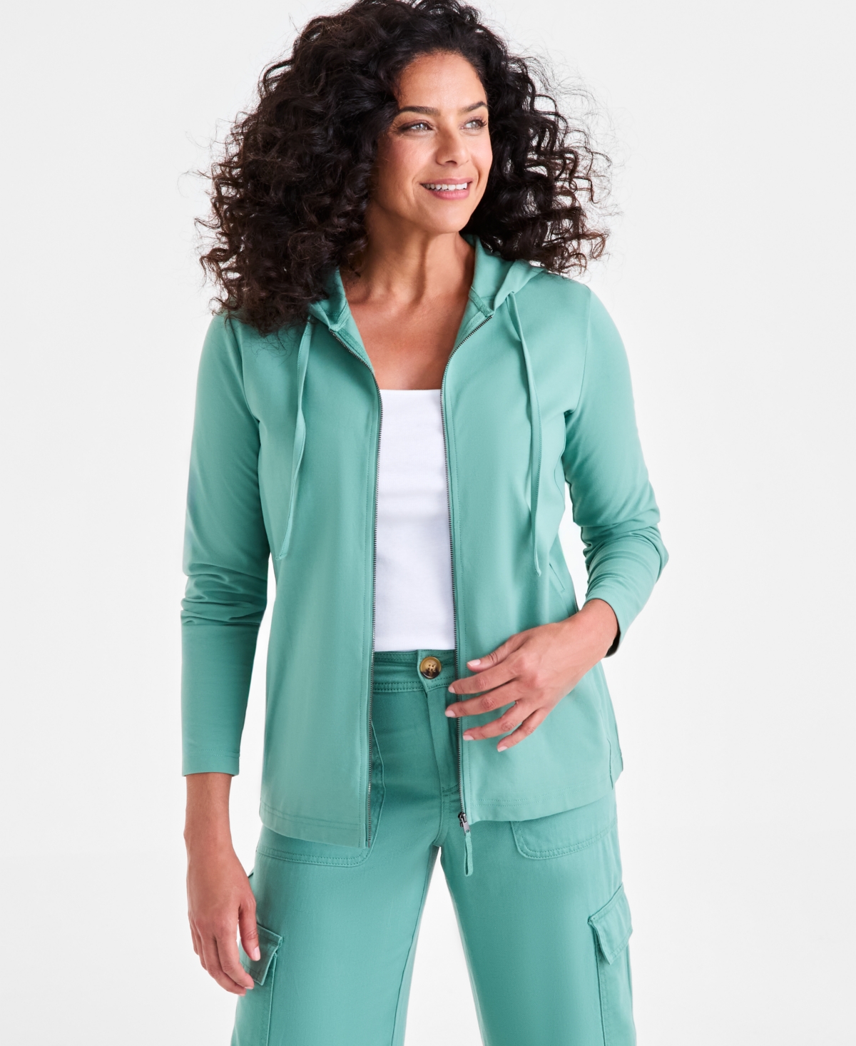 Style & Co Women's Zip-front Hooded Sweatshirt, Created For Macy's In Green
