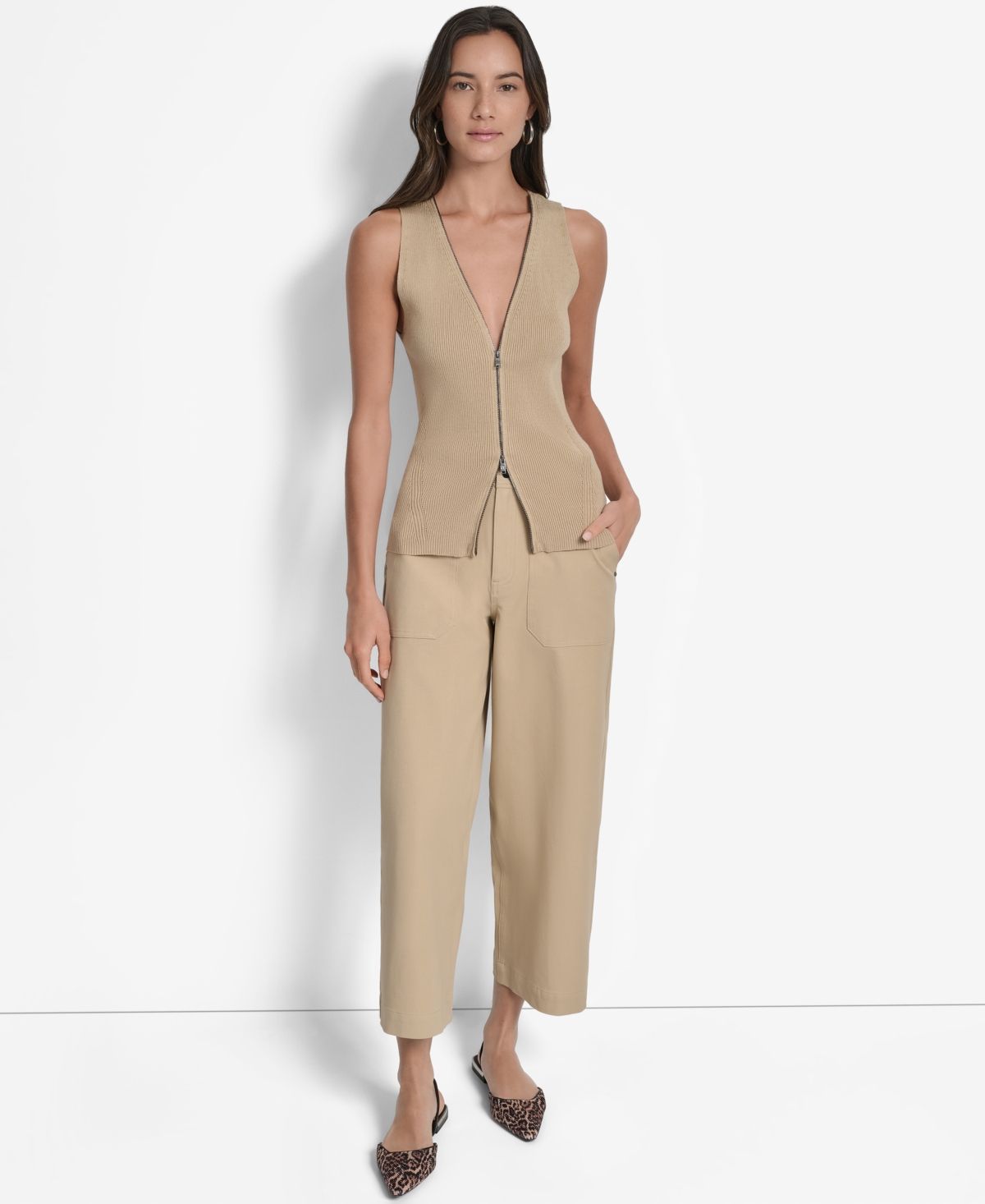 Dkny Two-way Zip Knit Vest In Brown
