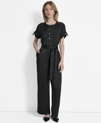 DKNY - Women's Weathered Twill Snap-Front Utility Jumpsuit