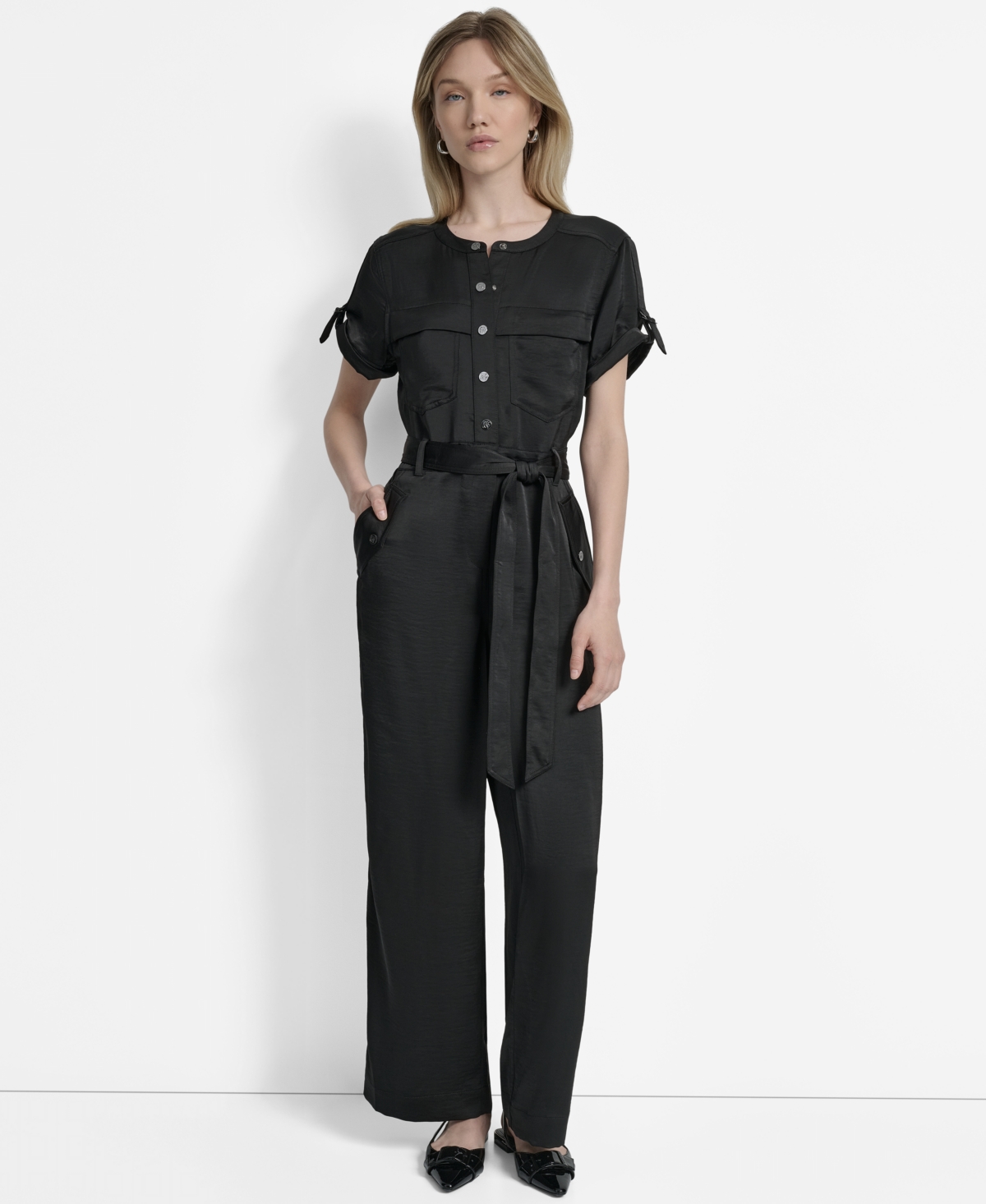 Dkny Women's Weathered Twill Snap-front Utility Jumpsuit In Black