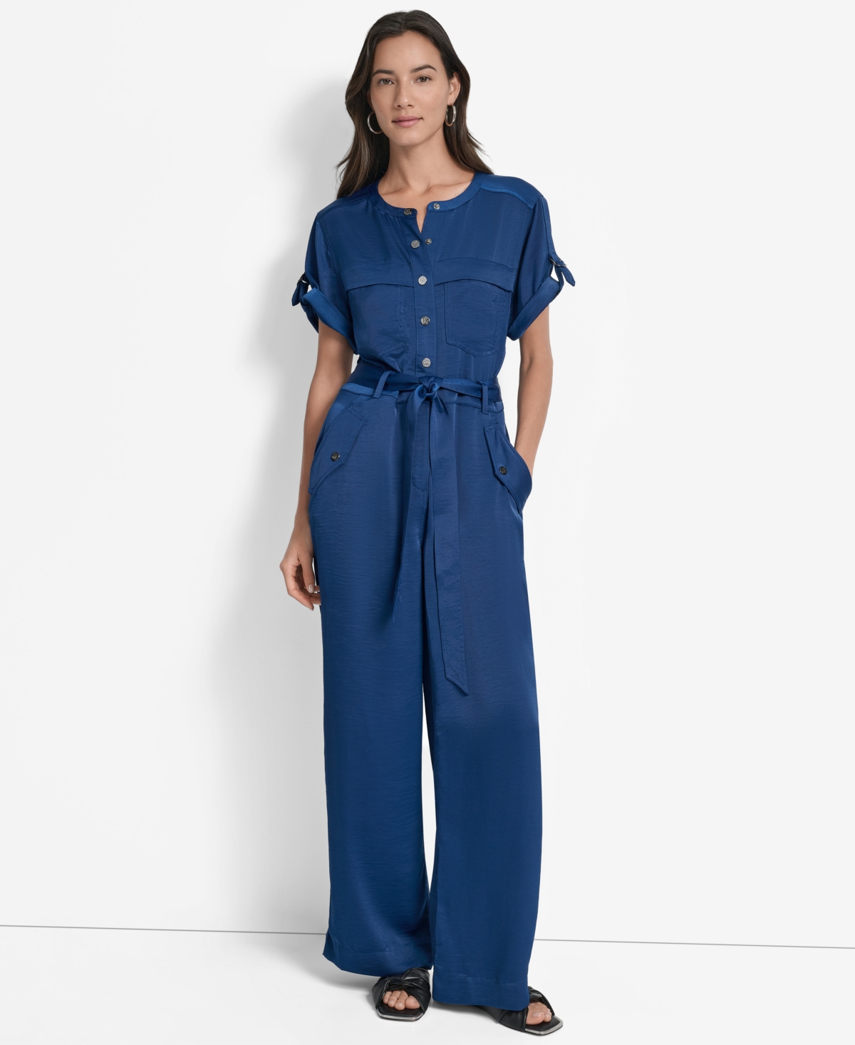 Dkny Women's Weathered Twill Snap-front Utility Jumpsuit In Blue