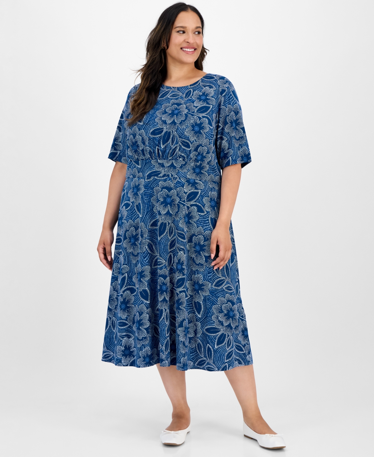 Plus Size Short-Sleeve Printed Fit & Flare Midi Dress - Navy Blue
