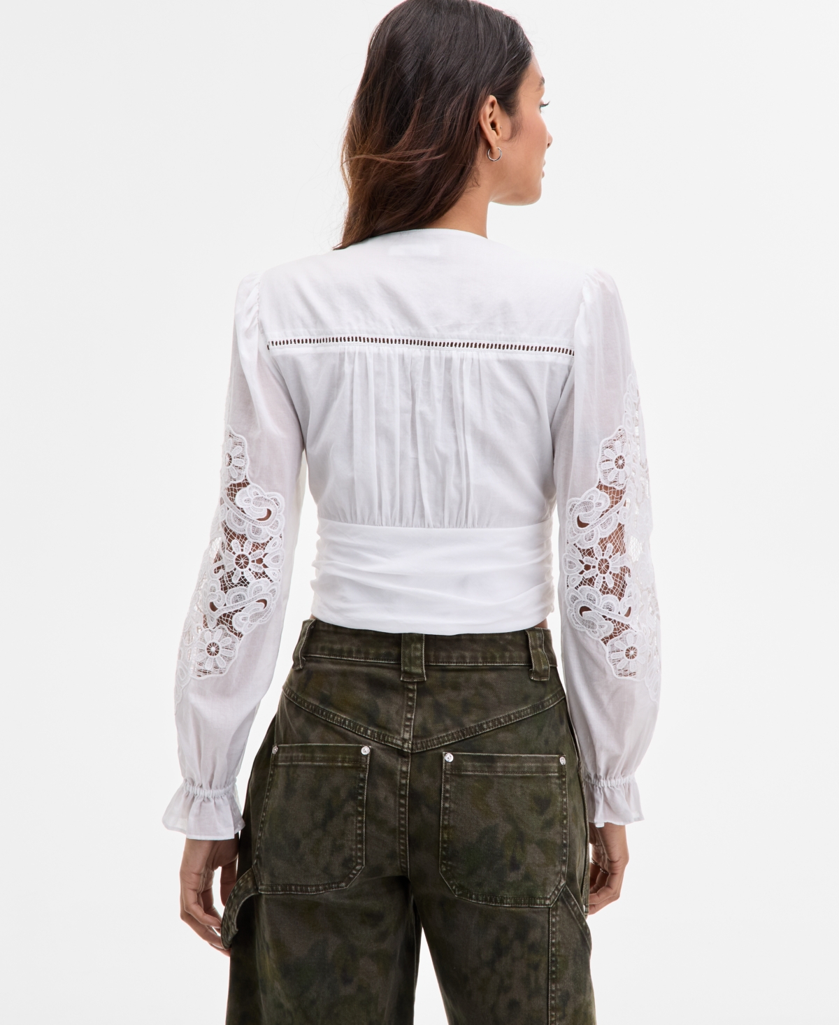 Avec Les Filles Women's Cotton Pintuck Lace-trim Button-front Blouse In White