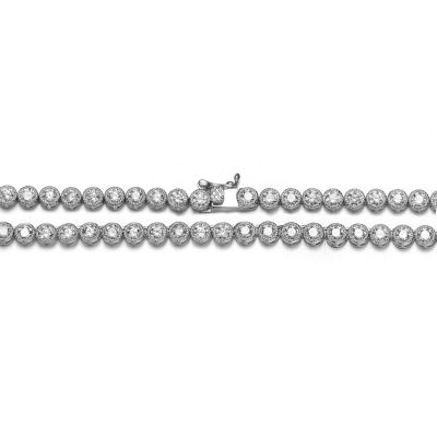 Sterling Silver with White Gold Plated Clear Round Cubic Zirconia Milgrain Bezel Tennis Necklace