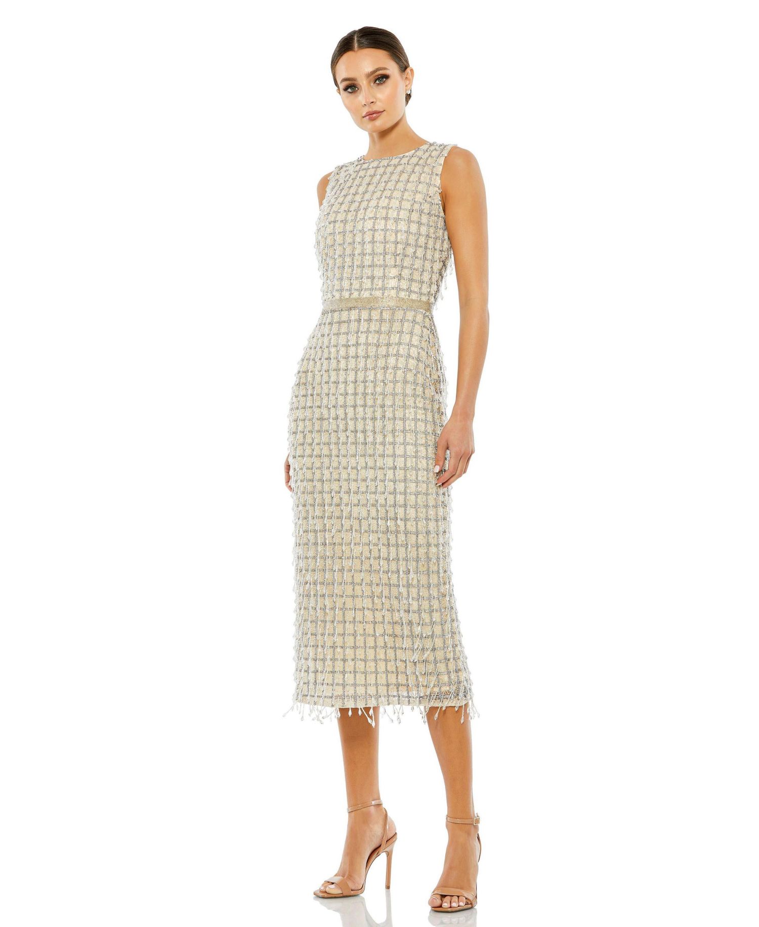 Women's Sleeveless High Neck Beaded Midi Sheath Dress
