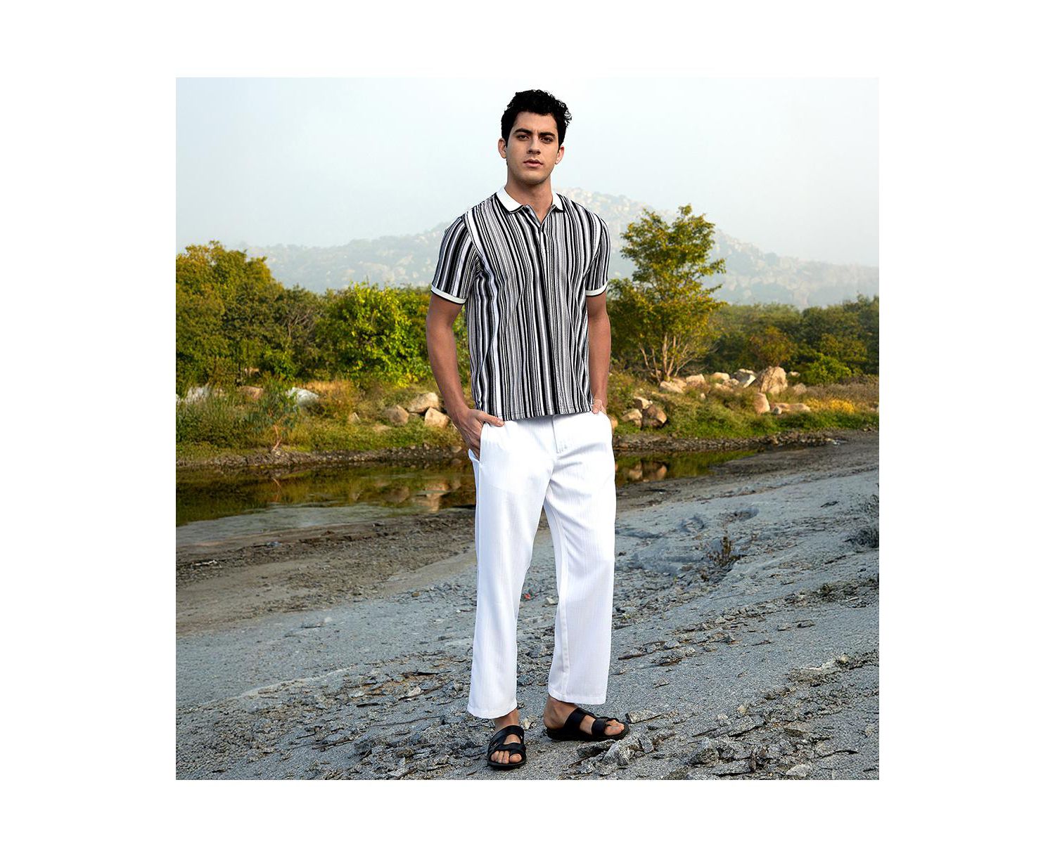 Men's Cream White and Midnight Black Multitrack Knit Polo T-Shirt