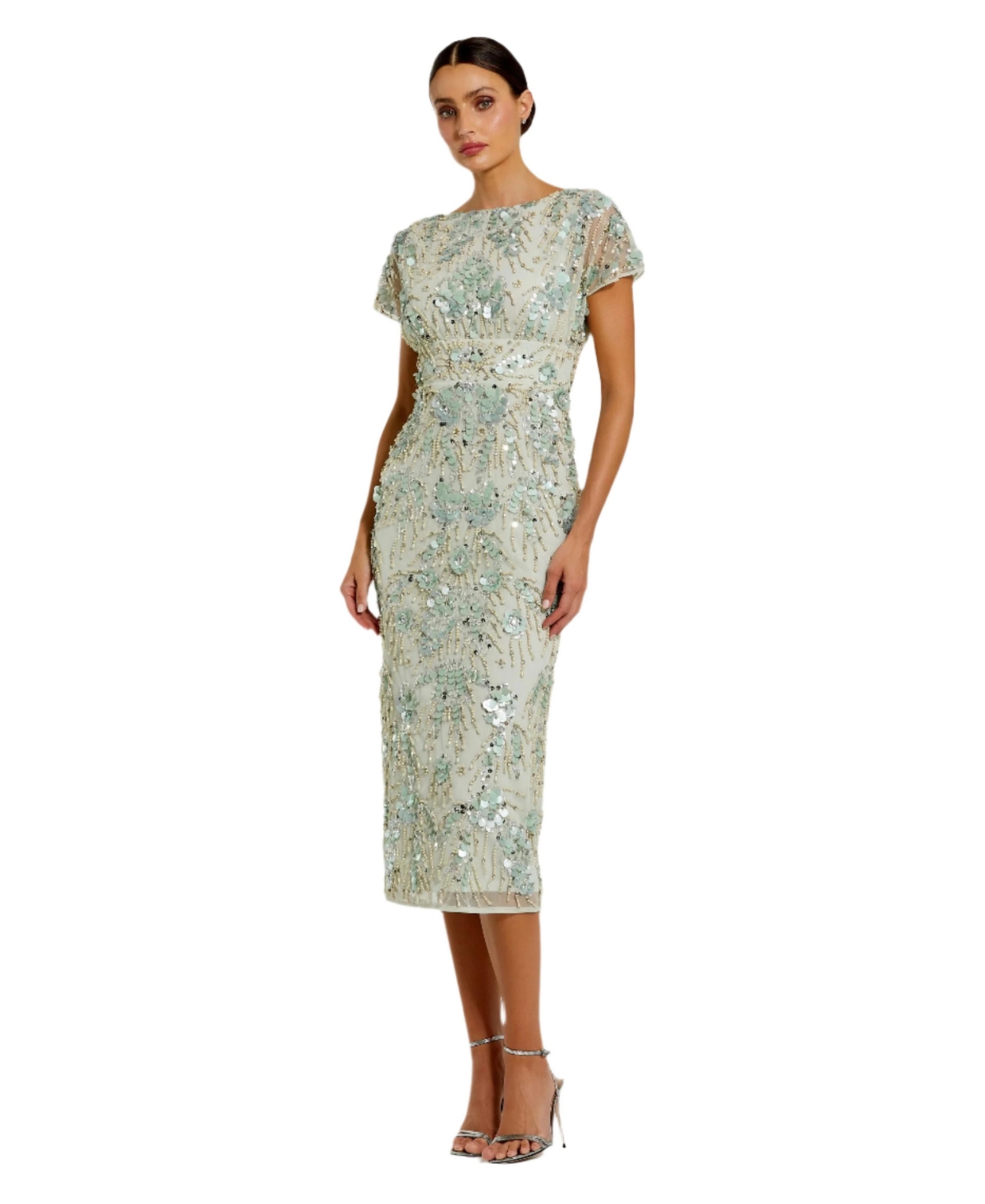 Mac Duggal Women's Embellished Mesh Fitted Short Sleeve Midi Dress - Sage