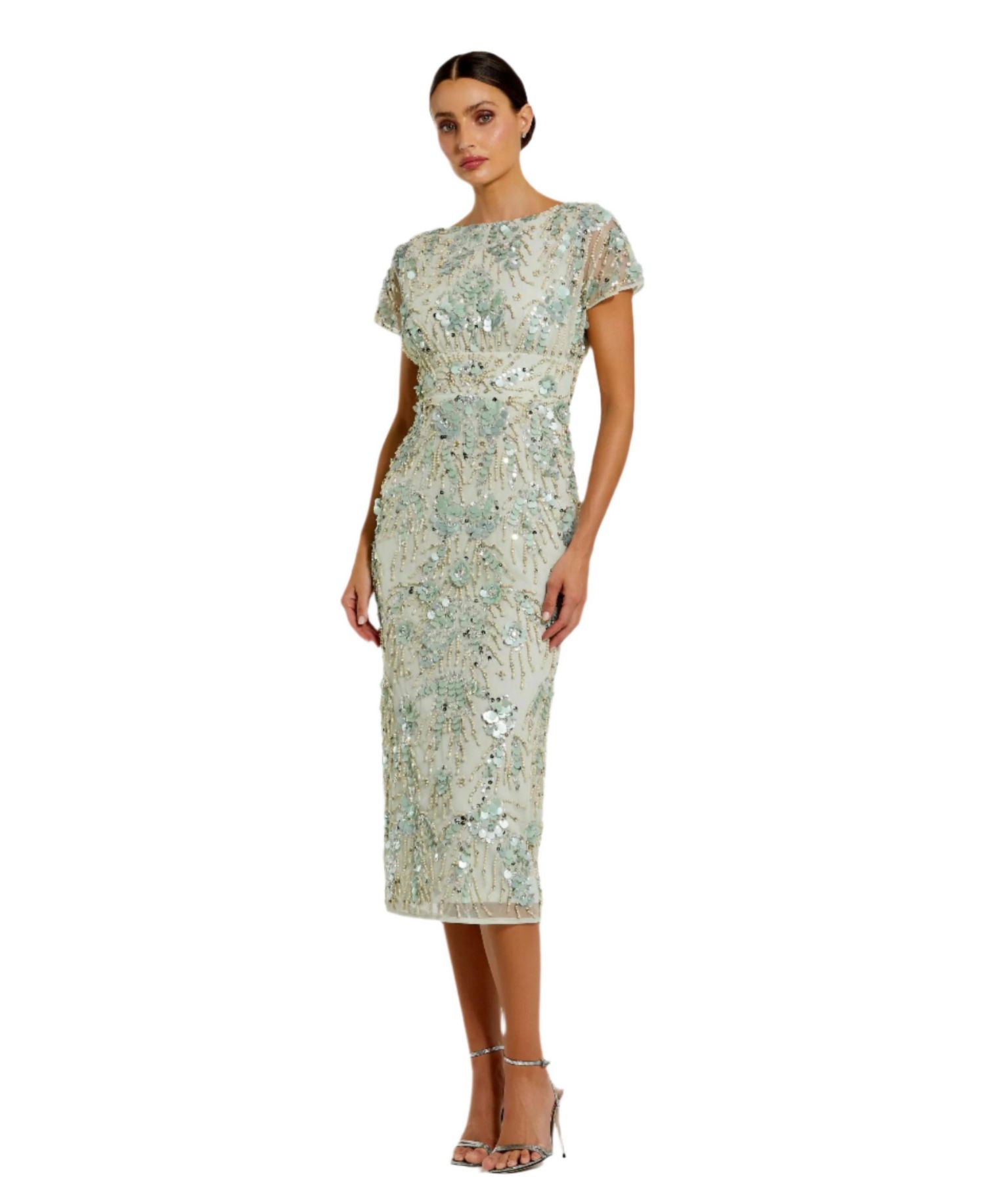 Women's Embellished Mesh Fitted Short Sleeve Midi Dress