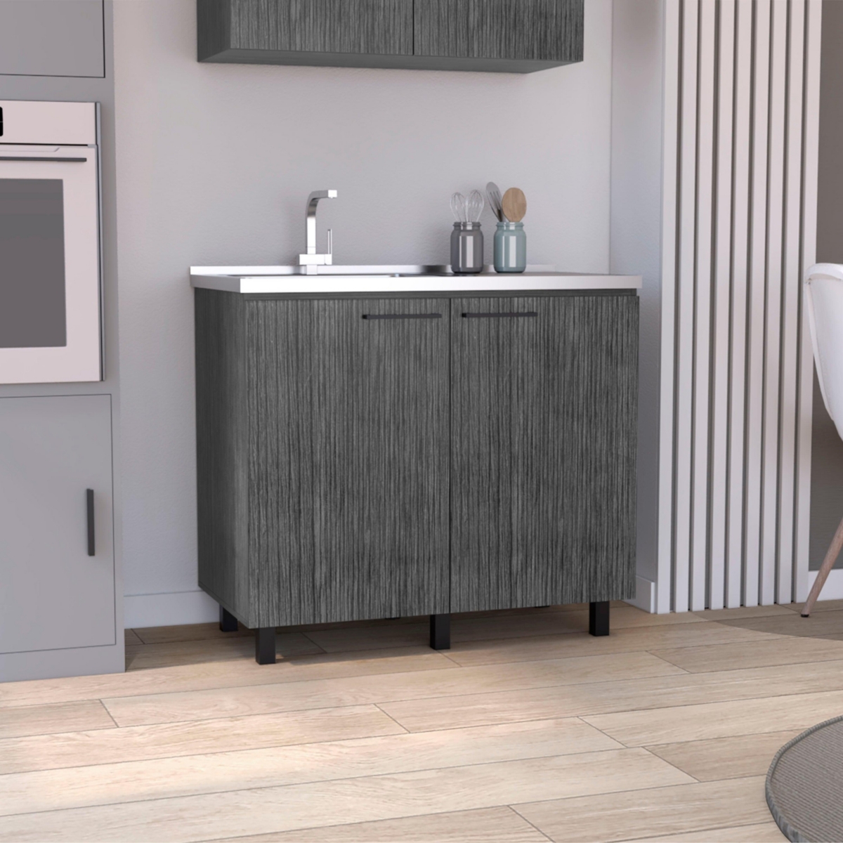 Salento 2 Freestanding Utility Base Cabinet with Stainless Steel Countertop and 2-Door, Smokey Oak - Smokey oak