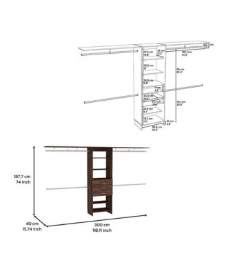 Zamora Adjustable Closet System 69 to 118 Inch with Four Hanging Rods Three Drawers and Five Shelves