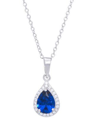 Macy's - Blue Spinel (5/8 ct. t.w.) & Lab Grown White Sapphire (1/8 ct. t.w.) Pear Halo 18" Pendant Necklace in Sterling Silver