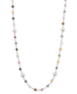 Macy's - Cultured Freshwater Pearl (4-5mm) & Multicolor Tourmaline 18" Collar Necklace in Sterling Silver