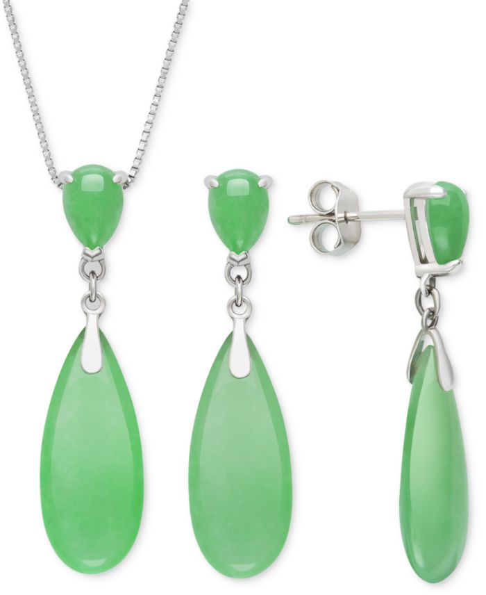 2-Pc. Set Dyed Green Jade Elongated Pear Pendant Necklace & Matching Drop