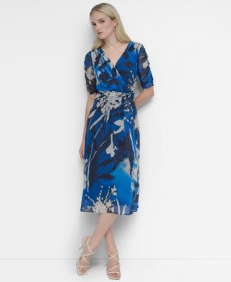 DKNY - Women's V-Neck Ruched-Sleeve Belted Midi Dress