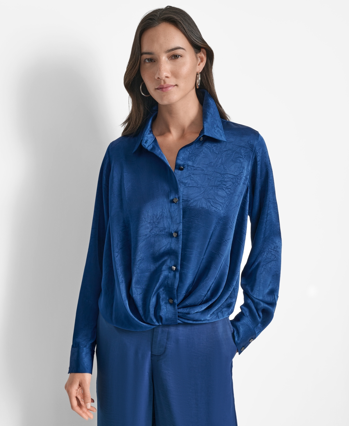 Dkny Twist Front Crinkle Satin Shirt In Blue