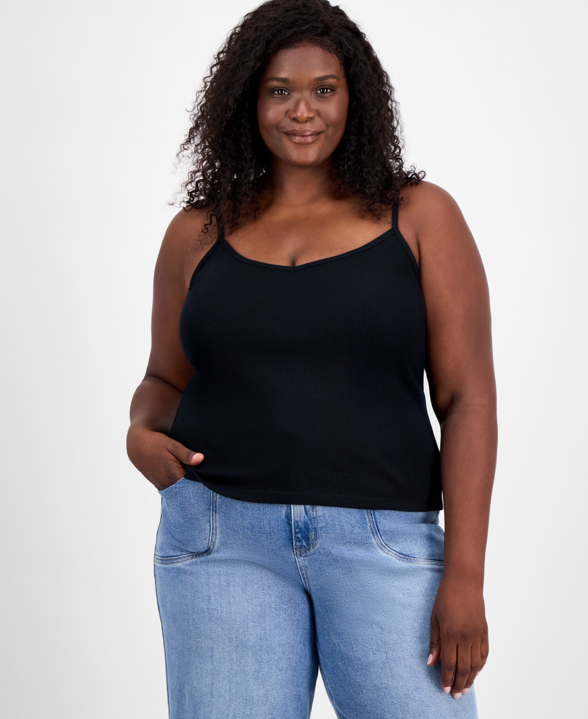 On 34th Trendy Plus Size Solid Camisole Tank Top, Macy's Exclusive In Black