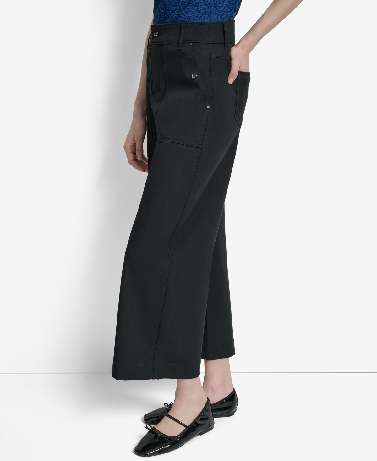 Dkny Button Pocket Crop Wide Leg Pants In Black