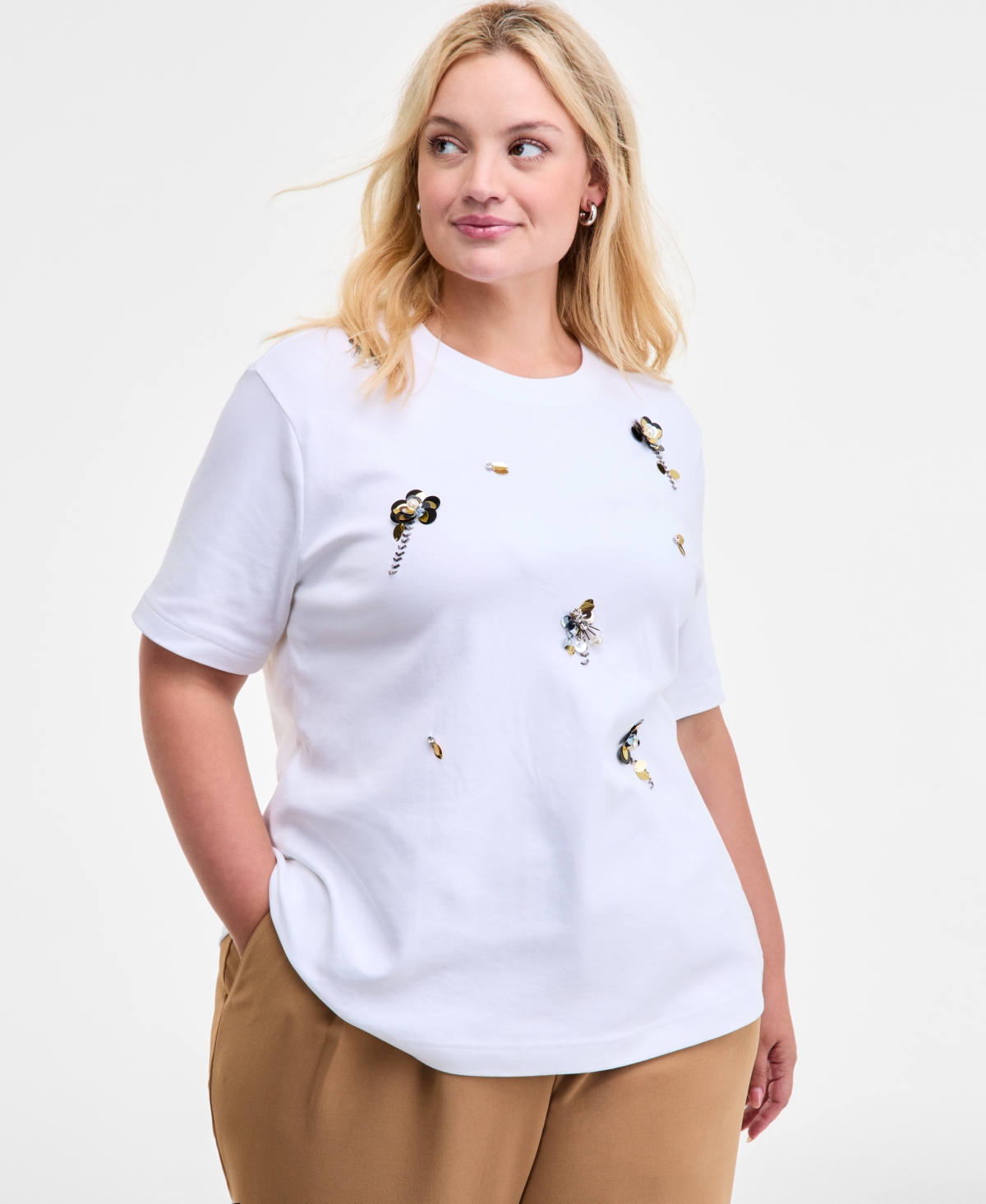 On 34th Trendy Plus Cotton Embellished Crewneck Tee, Macy's Exclusive In White