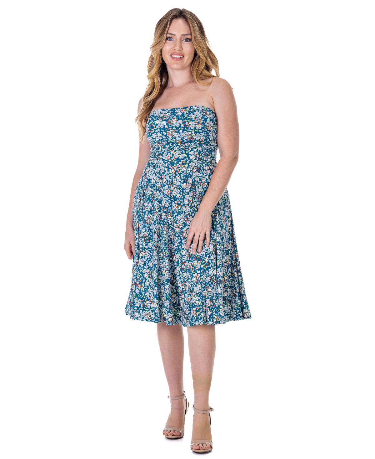 Petite Teal Floral Strapless Tube Top Flowy Knee Length Dress - Blue Multi