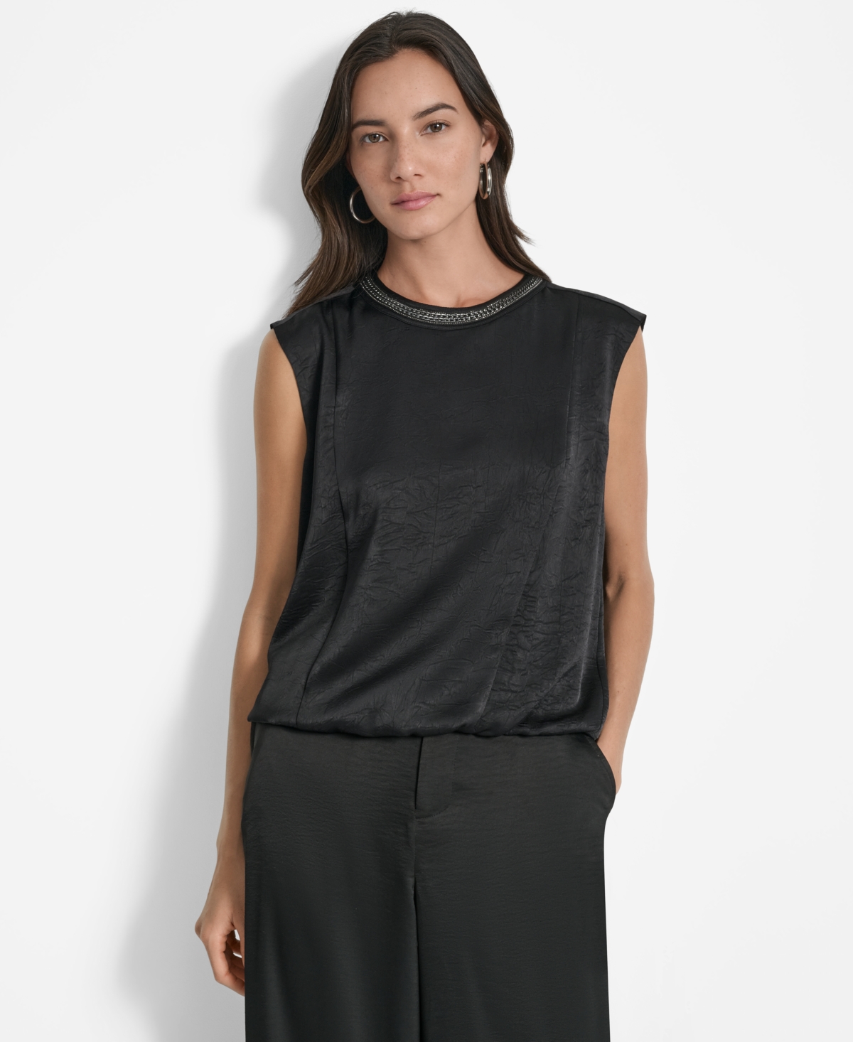 Dkny Chain Sleeveless Crinkle Satin Top In Black
