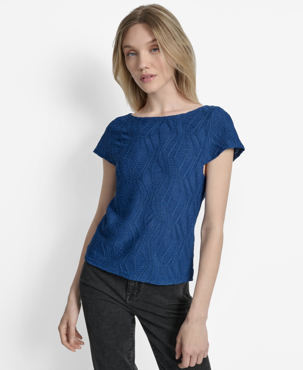 Dkny Women's Textured Boat-neck Short-sleeve Top In Blue