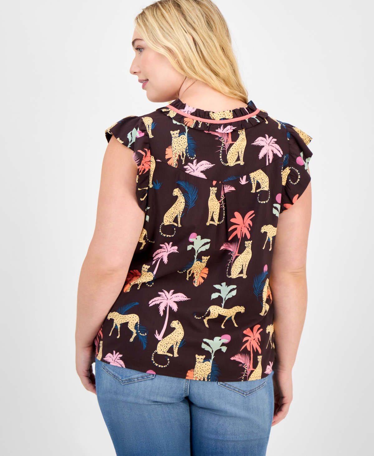 Democracy Trendy Plus Printed Split-neck Flutter-sleeve Top In Brown